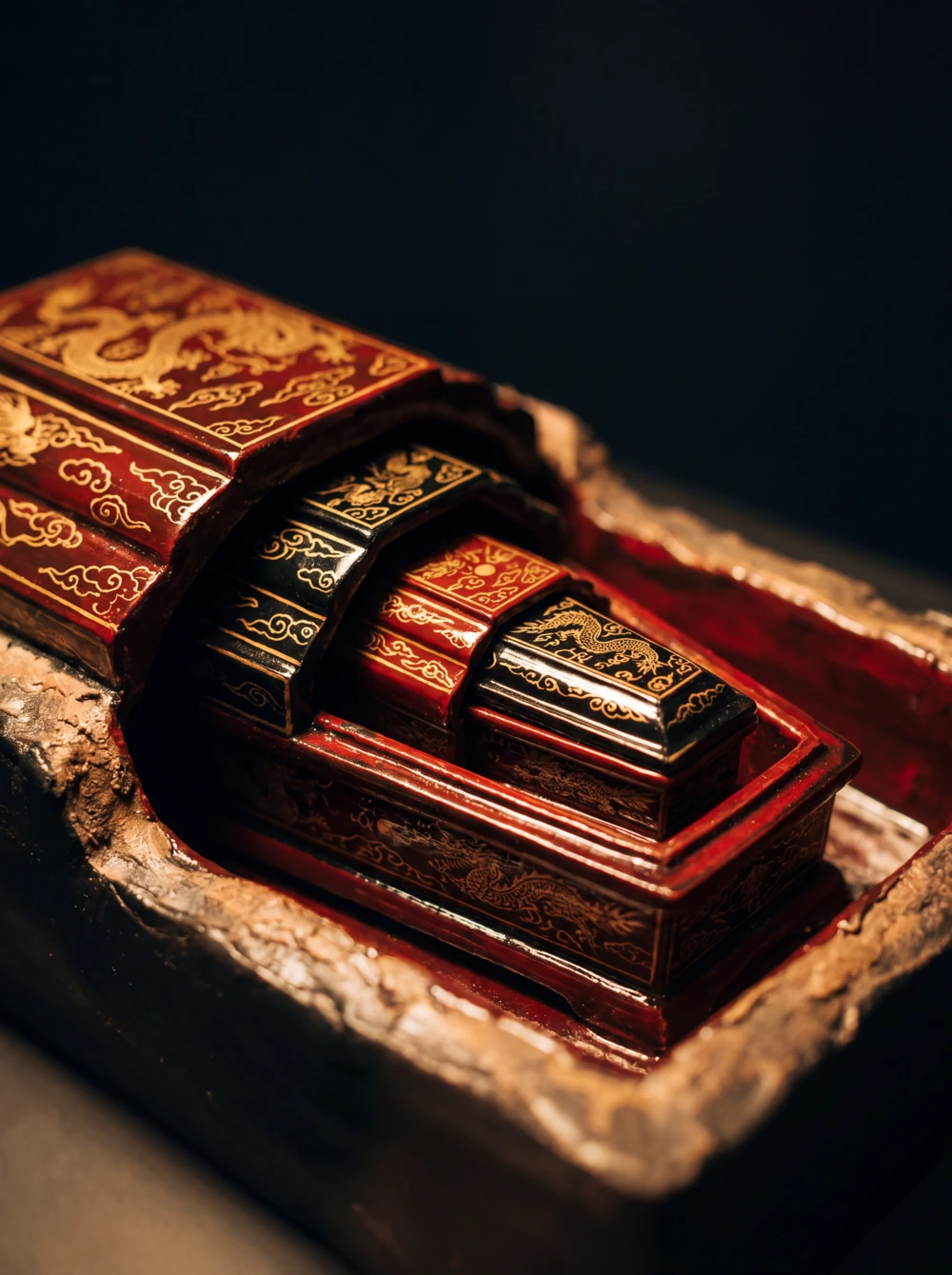 Four nested Han dynasty lacquered coffins built as a miniature diorama