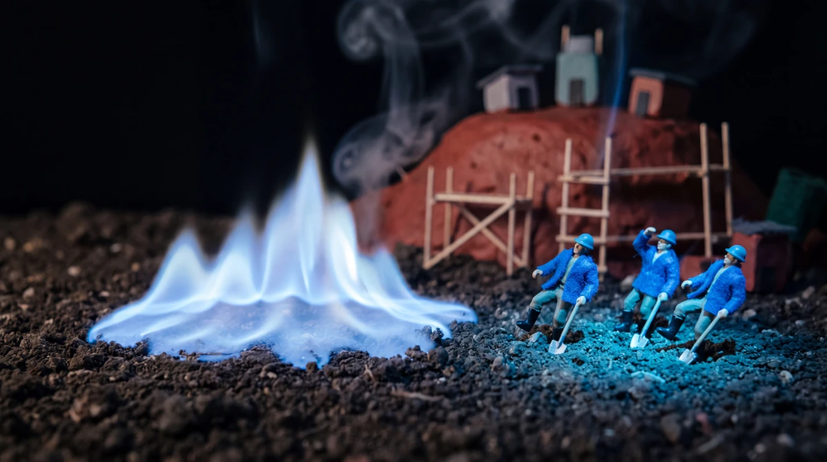 Pale blue flame spreading across soil as tiny figures back away, built as a miniature diorama