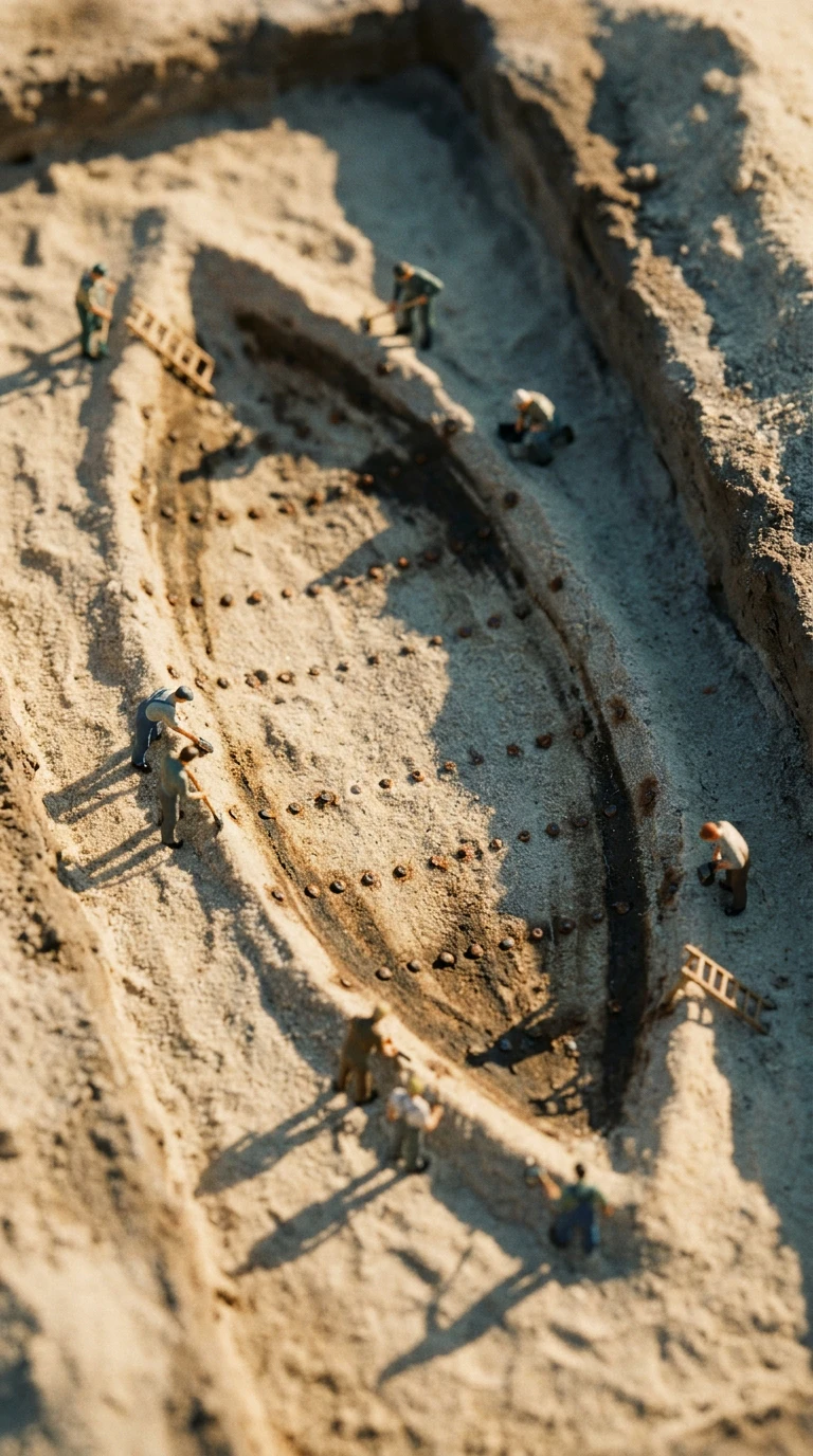 Outline of a buried ship in a miniature diorama